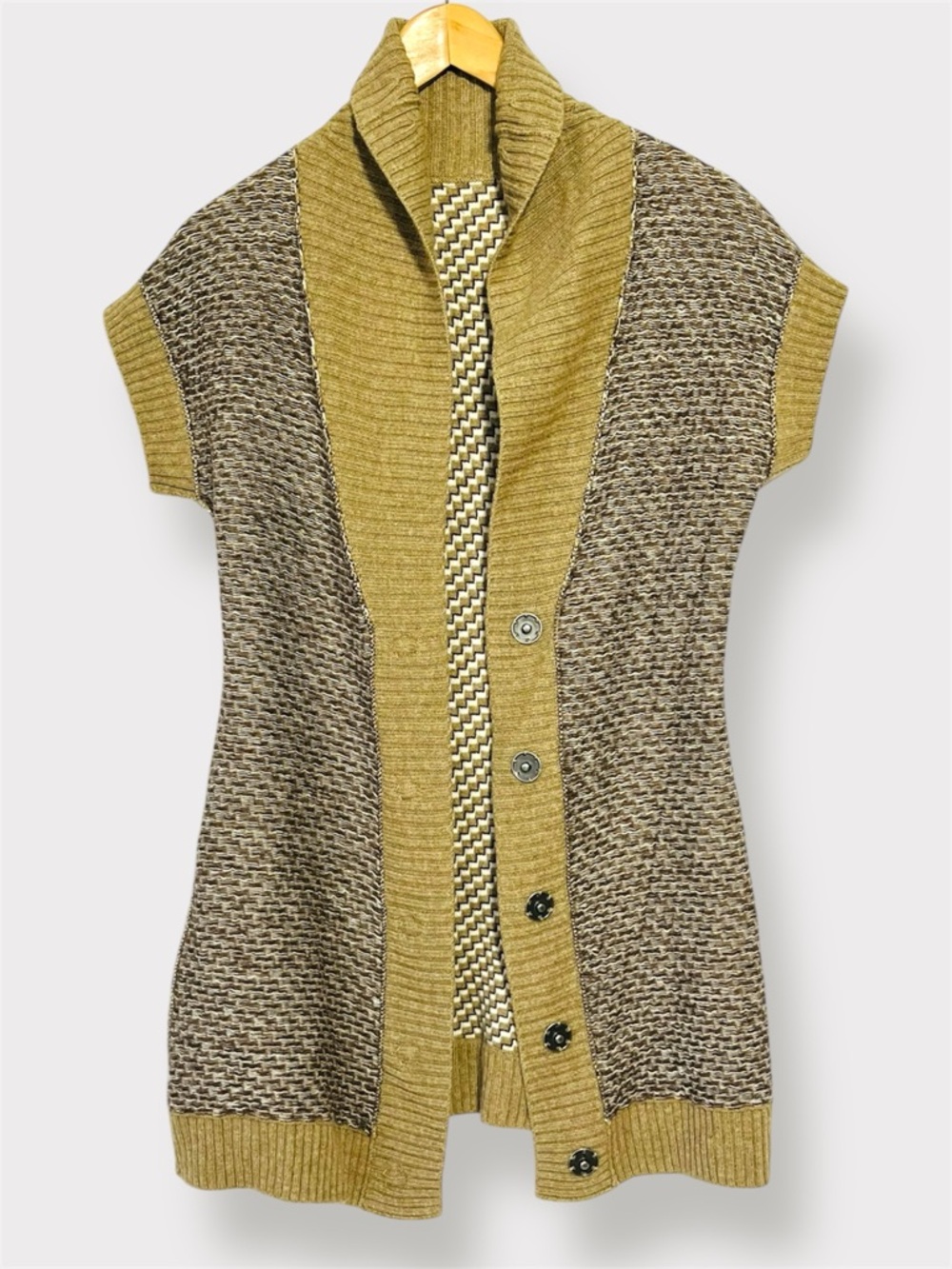 Esprit Y2K Short Sleeve Belted Cardigan Geometric Taupe Cream Black Size S - Picture 8 of 13